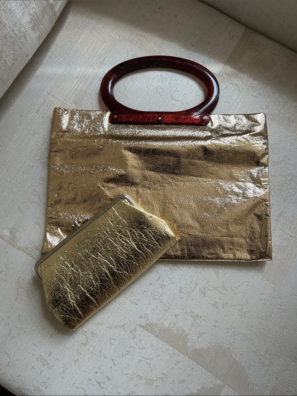 Gold Metallic Tote with Burgundy Oval Handles